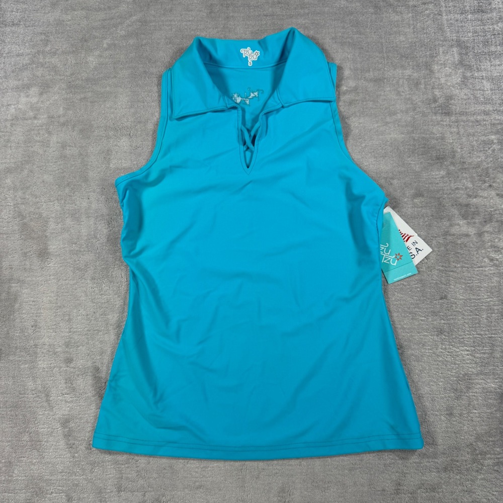 Tzu Tzu Quinn Top Women Small Blue Lagoon Sleeveless Golf Tennis Polo Shirt NEW